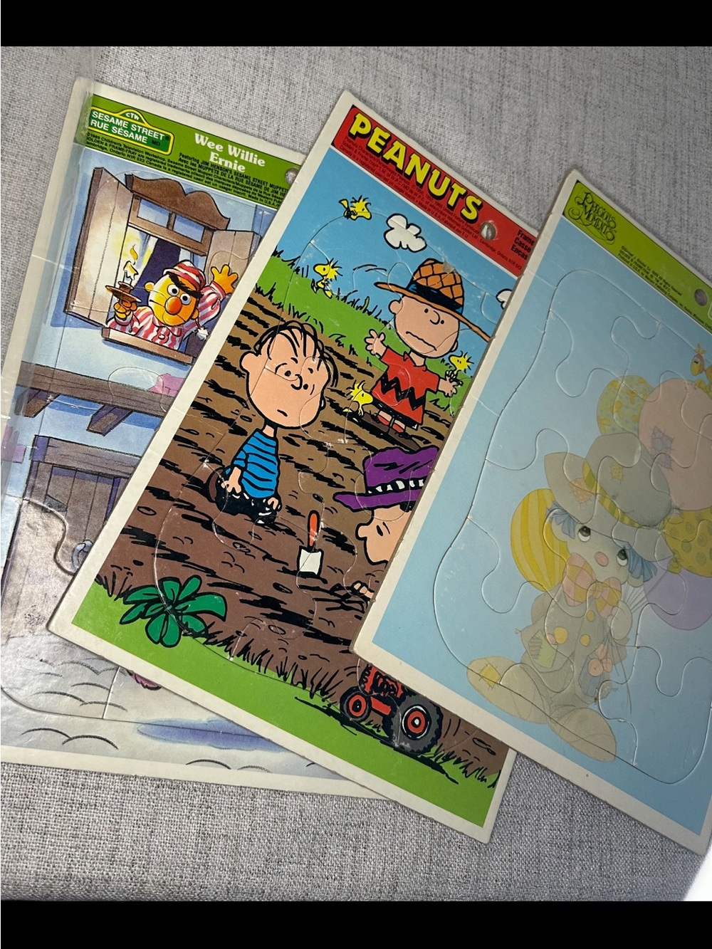 Vintage Tray Puzzle Lot – Peanuts, Sesame Street & Precious Moments (1965–1989)